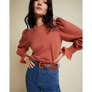 NATION LTD Cecile Puff Sleeve Sweatshirt Crew Cotton Fleece Red Clay Women's S